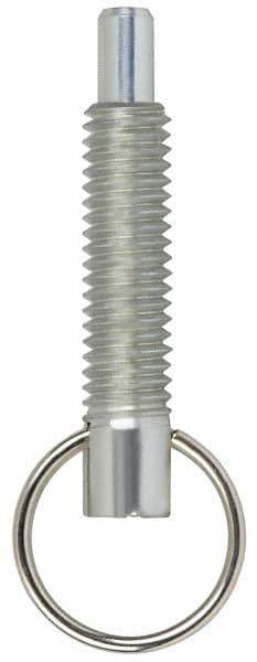 Vlier - M10x1.5, 1.2" Thread Length, 6mm Plunger Diam, 9.5mm Plunger Projection, 9 N Init to 17.8 N Final End Force, Stainless Steel Locking Pull Ring Plunger - 35.5mm Len Under Head, 43mm Body Len, 25mm Ring Diam, 1.7" Plunger Len, 1/2" Head Height - Industrial Tool & Supply