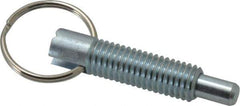 Vlier - 1/2-13, 1.4" Thread Length, 5/16" Plunger Diam, 1/2" Plunger Projection, 2.5 Lb Init to 5 Lb Final End Force, Steel Locking Pull Ring Plunger - 1.4" Len Under Head, 2" Body Len, 1.26" Ring Diam, 2" Plunger Len, 0.6" Head Height - Industrial Tool & Supply