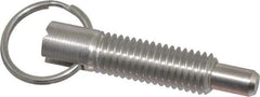 Vlier - 1/2-13, 1.4" Thread Length, 5/16" Plunger Diam, 1/2" Plunger Projection, 2.5 Lb Init to 5 Lb Final End Force, Stainless Steel Locking Pull Ring Plunger - 1.4" Len Under Head, 2" Body Len, 1.26" Ring Diam, 2" Plunger Len, 0.6" Head Height - Industrial Tool & Supply