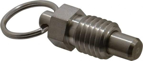 Vlier - 5/8-11, 0.56" Thread Length, 0.38" Plunger Diam, 0.44" Plunger Projection, 1.25 Lb Init to 5 Lb Final End Force, Stainless Steel Pull Ring Plunger - 0.69" Len Under Head, 1" Body Len, 1" Ring Diam, 1.31" Plunger Len, 0.62" Hex, 0.31" Head Height - Industrial Tool & Supply