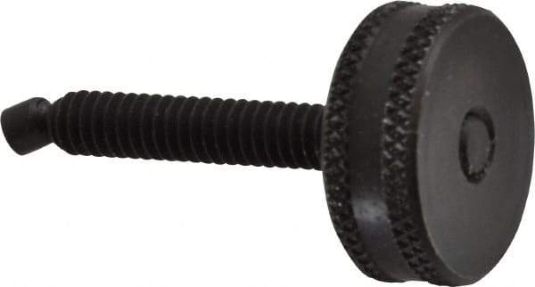 Vlier - 1/4-20 Knurled Shoulderless Swivel Pad Tip Steel Thumb Screw - 1-7/8" OAL, 1" Head Diam x 3/8" Head Height, Black Oxide Finish - Industrial Tool & Supply
