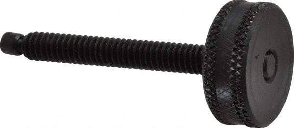 Vlier - 1/4-20 Knurled Shoulderless Swivel Pad Tip Steel Thumb Screw - 2-3/8" OAL, 1" Head Diam x 3/8" Head Height, Black Oxide Finish - Industrial Tool & Supply