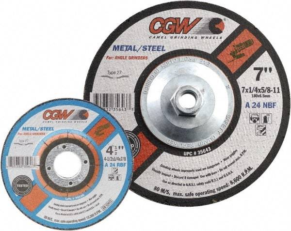 Camel Grinding Wheels - 24 Grit, 7" Wheel Diam, 1/4" Wheel Thickness, Type 27 Depressed Center Wheel - Coarse Grade, Aluminum Oxide, Resinoid Bond, 8,600 Max RPM - Industrial Tool & Supply