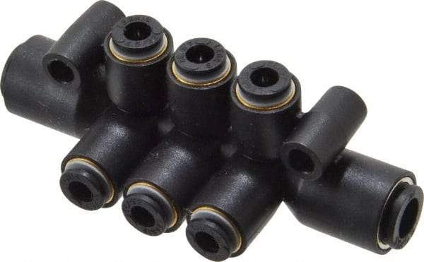 Legris - 1/4 x 5-32" Outside Diam, Nylon Push-to-Connect Tube Double Multiple Tee with Mounting Holes - 290 Max psi, Black - Industrial Tool & Supply