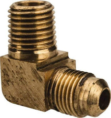Parker - 5/16" Tube OD, 45° Brass Flared Tube Extended Male Elbow - 1/4-18 NPTF, Flare x MNPTF Ends - Industrial Tool & Supply