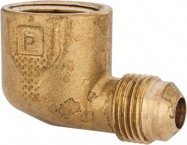 Parker - 3/8" Tube OD, 45° Brass Flared Tube Female Elbow - 1/2-14 NPTF, Flare x FNPTF Ends - Industrial Tool & Supply
