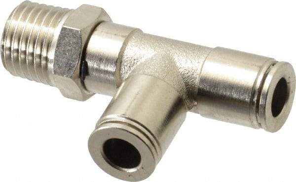 Value Collection - 1/4" Outside Diam, 1/4 NPT, Nickel Plated Brass Push-to-Connect Tube Male Run Tee - 150 Max psi, Tube to Male NPT Connection, Brass O-Ring - Industrial Tool & Supply
