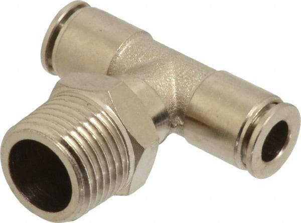 Value Collection - 1/4" Outside Diam, 3/8 NPT, Nickel Plated Brass Push-to-Connect Tube Male Branch Tee - 150 Max psi, Tube to Male NPT Connection, Brass O-Ring - Industrial Tool & Supply