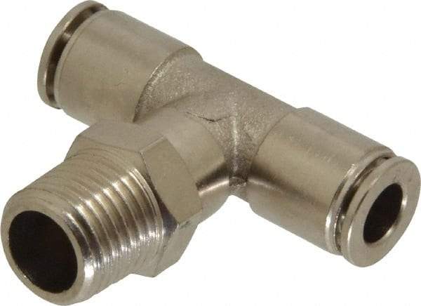 Value Collection - 1/4" Outside Diam, 1/4 NPT, Nickel Plated Brass Push-to-Connect Tube Male Branch Tee - 150 Max psi, Tube to Male NPT Connection, Brass O-Ring - Industrial Tool & Supply