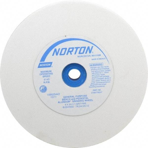 Norton - 100 Grit Aluminum Oxide Bench & Pedestal Grinding Wheel - 6" Diam x 1" Hole x 3/4" Thick, 4140 Max RPM, J Hardness, Fine Grade , Vitrified Bond - Industrial Tool & Supply