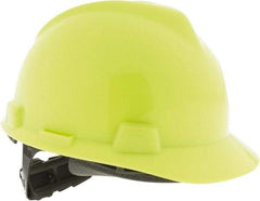 MSA - ANSI Type I, Class E Rated, Ratchet Adjustment Hard Hat - Size 6-1/2 to 8, Hi-Viz Yellow, Standard Brim - Industrial Tool & Supply
