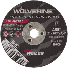 Weiler - 2" 60 Grit Aluminum Oxide Cutoff Wheel - 0.035" Thick, 1/4" Arbor, 30,000 Max RPM, Use with Die Grinders - Industrial Tool & Supply