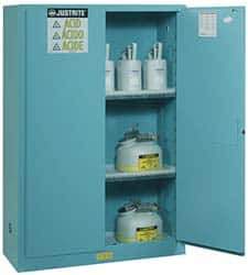 Justrite - 2 Door, 2 Shelf, Blue Steel Standard Safety Cabinet for Corrosive Chemicals - 65" High x 43" Wide x 18" Deep, Manual Closing Door, 3 Point Key Lock, 45 Gal Capacity - Industrial Tool & Supply