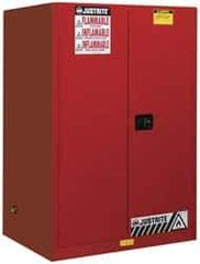 Justrite - 2 Door, 2 Shelf, Red Steel Standard Safety Cabinet for Flammable and Combustible Liquids - 65" High x 43" Wide x 34" Deep, Manual Closing Door, 3 Point Key Lock, 90 Gal Capacity - Industrial Tool & Supply