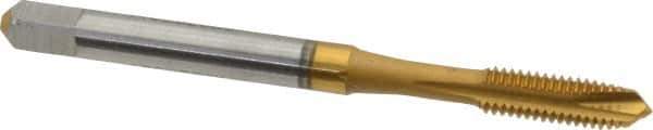 Accupro - #10-32 UNF, 3 Flute, TiN Finish, Powdered Metal Spiral Point Tap - Plug Chamfer, Right Hand Thread, 2-3/8" OAL, 2B Class of Fit - Exact Industrial Supply