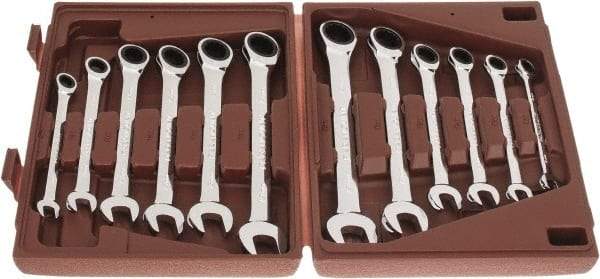 Paramount - 12 Piece, 8mm to 19mm, Ratcheting Combination Wrench Set - Metric Measurement Standard, Full Polish Chrome Finish, Comes in Blow Molded Case - Industrial Tool & Supply