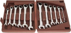 Paramount - 12 Piece, 8mm to 19mm, Ratcheting Combination Wrench Set - Metric Measurement Standard, Full Polish Chrome Finish, Comes in Blow Molded Case - Industrial Tool & Supply