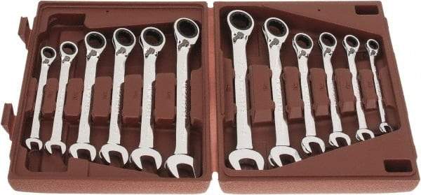 Paramount - 12 Piece, 8mm to 19mm, Reversible Ratcheting Combination Wrench Set - Metric Measurement Standard, Full Polish Chrome Finish, Comes in Blow Molded Case - Industrial Tool & Supply