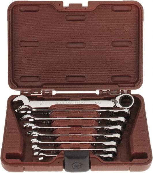 Paramount - 8 Piece, 5/16 to 3/4", Reversible Ratcheting Combination Wrench Set - Inch System of Measurement, Full Polish Chrome Finish, Comes in Blow Molded Case - Industrial Tool & Supply