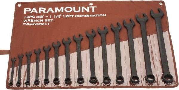 Paramount - 14 Piece, 3/8" to 1-1/4", Combination Wrench Set - Inch Measurement Standard, Black Oxide Finish, Comes in Canvas Roll - Industrial Tool & Supply