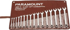 Paramount - 16 Piece, 6mm to 21mm, Combination Wrench Set - Metric Measurement Standard, Satin Chrome Finish, Comes in Canvas Roll - Industrial Tool & Supply