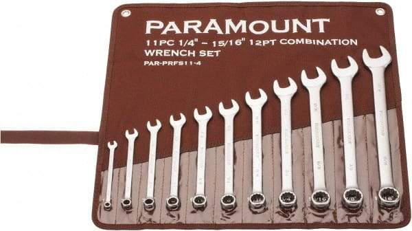 Paramount - 11 Piece, 1/4" to 15/16", Combination Wrench Set - Inch Measurement Standard, Satin Chrome Finish, Comes in Canvas Roll - Industrial Tool & Supply