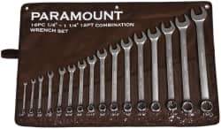 Paramount - 16 Piece, 1/4 to 1-1/4", Combination Wrench Set - Inch System of Measurement, Satin Chrome Finish, Comes in Canvas Roll - Industrial Tool & Supply