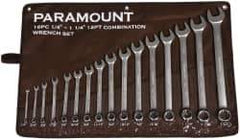 Paramount - 16 Piece, 1/4 to 1-1/4", Combination Wrench Set - Inch System of Measurement, Satin Chrome Finish, Comes in Canvas Roll - Industrial Tool & Supply