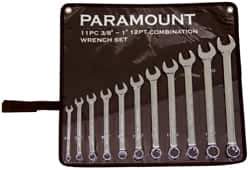 Paramount - 11 Piece, 3/8" to 1" (mm), Combination Wrench Set - Inch/Metric Measurement Standard, Full Polish Chrome Finish, Comes in Canvas Roll - Industrial Tool & Supply