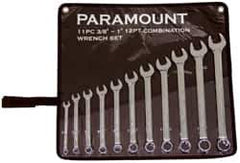 Paramount - 11 Piece, 3/8" to 1" (mm), Combination Wrench Set - Inch/Metric Measurement Standard, Full Polish Chrome Finish, Comes in Canvas Roll - Industrial Tool & Supply