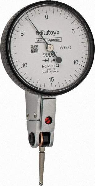 Mitutoyo - 0.03 Inch Range, 0.0005 Inch Dial Graduation, Horizontal Dial Test Indicator - 1.5748 Inch White Dial, 0-15-0 Dial Reading, Accurate to 0.0005 Inch - Industrial Tool & Supply