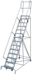 Cotterman - 182" 14 Step Rolling Warehouse Ladder - Knocked Down, 450 Lb Capacity, 140" Platform Height, 44" Base Width x 198" Base Depth, Perforated Tread - Industrial Tool & Supply
