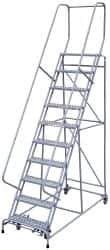 Cotterman - 130" 10 Step Rolling Warehouse Ladder - Assembled, 450 Lb Capacity, 100" Platform Height, 32" Base Width x 74" Base Depth, Perforated Tread - Industrial Tool & Supply