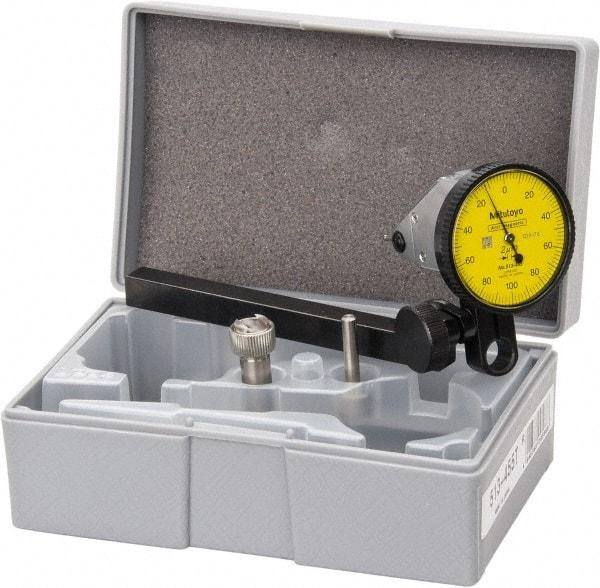 Mitutoyo - 0.2 mm Range, 0.002 mm Dial Graduation, Vertical Dial Test Indicator - 1.5748 Inch Yellow Dial, 0-100-0 Dial Reading, Accurate to 0.003 Inch - Industrial Tool & Supply