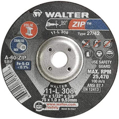 WALTER Surface Technologies - 60 Grit, 3" Wheel Diam, 1/32" Wheel Thickness, 3/8" Arbor Hole, Type 27 Depressed Center Wheel - Aluminum Oxide, Resinoid Bond, 25,470 Max RPM, Compatible with Die Grinders & Straight Shaft Grinder - Industrial Tool & Supply