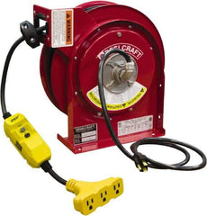 Reelcraft - 12 AWG, 45' Cable Length, Cord & Cable Reel with Triple-Tap with GFCI End - 3 Outlets, NEMA 5-15R, 15 Amps, 125 Volts, SJEOOW Cable, Red Reel, Spring Driven Reel - Industrial Tool & Supply