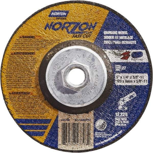 Norton - 5" Wheel Diam, 1/4" Wheel Thickness, Type 27 Depressed Center Wheel - Ceramic, Resinoid Bond, 12,225 Max RPM - Industrial Tool & Supply