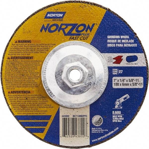 Norton - 7" Wheel Diam, 1/4" Wheel Thickness, Type 27 Depressed Center Wheel - Ceramic, Resinoid Bond, 8,600 Max RPM - Industrial Tool & Supply