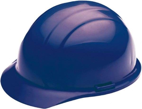 Ability One - ANSI Type I, Class E Rated, 4-Point, Ratchet Adjustment Hard Hat - Blue, Full Brim - Industrial Tool & Supply