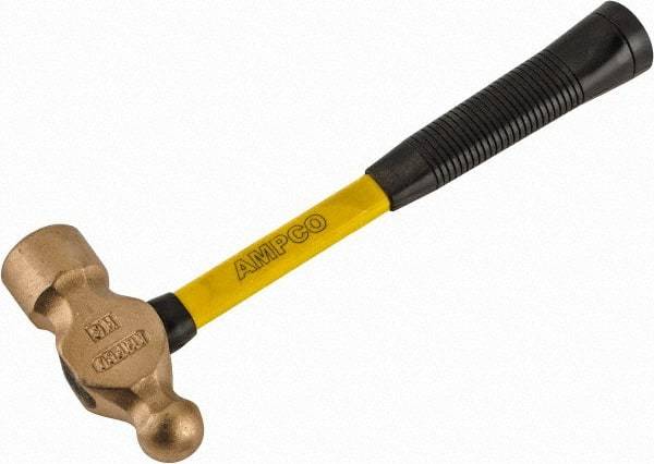 Ampco - 2-3/4 Lb Head Aluminum Bronze Ball Pein Hammer - 14" Fiberglass Handle with Grip, 1-13/16" Face Diam, 14" OAL - Industrial Tool & Supply