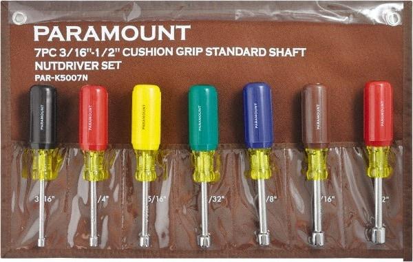Paramount - 7 Piece 3/16 to 1/2" Nutdriver Set - Hollow Shaft, Ergonomic Handle - Industrial Tool & Supply
