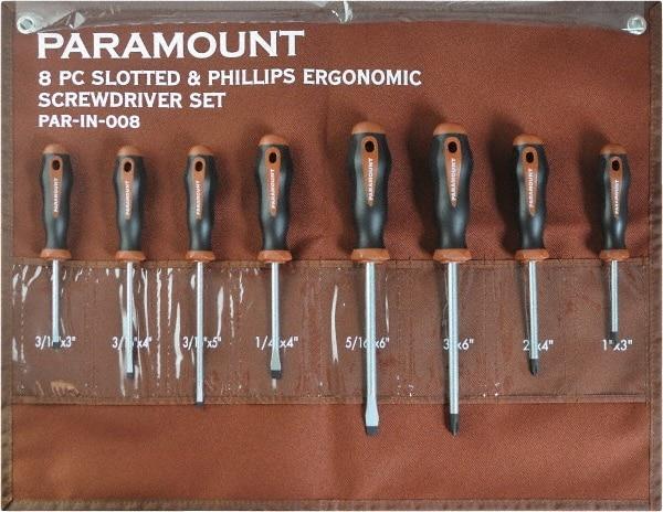 Paramount - 8 Piece Slotted, Phillips & Cabinet Screwdriver Set - Blade Sizes: Width 3/16, 1/4 & 5/16, Bit Sizes: Philips #0 to #3 - Industrial Tool & Supply