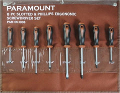 Paramount - 8 Piece Slotted, Phillips & Cabinet Screwdriver Set - Blade Sizes: Width 3/16, 1/4 & 5/16, Bit Sizes: Philips #0 to #3 - Industrial Tool & Supply