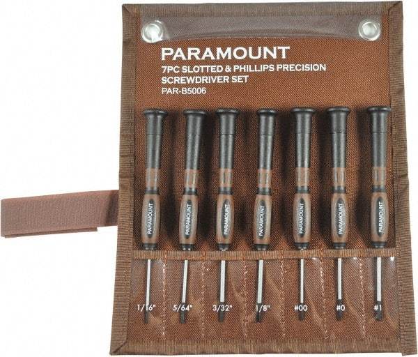 Paramount - 7 Piece Phillips & Slotted Screwdriver Set - Bit Sizes: Philips #00 to #1 - Industrial Tool & Supply