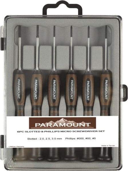 Paramount - 6 Piece Phillips & Slotted Screwdriver Set - Bit Sizes: Philips #000 to #0 - Industrial Tool & Supply