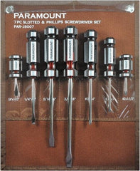 Paramount - 7 Piece Slotted, Phillips & Stubby Screwdriver Set - Blade Sizes: Width 1/4, 5/16 & 3/8, Bit Sizes: Philips #1 & #2 - Industrial Tool & Supply