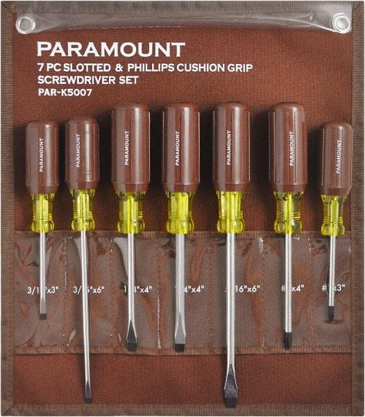 Paramount - 7 Piece Phillips & Slotted Screwdriver Set - Bit Sizes: Philips #0 to #4 - Industrial Tool & Supply