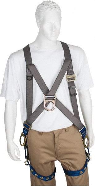 PRO-SAFE - 350 Lb Capacity, Size Universal, Full Body Cross-Over Safety Harness - Polyester, Front D-Ring, Side D-Ring, Tongue Buckle Leg Strap, Pass-Thru Chest Strap, Gray/Blue - Industrial Tool & Supply