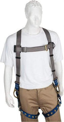 PRO-SAFE - 350 Lb Capacity, Size XXL, Full Body Back D-Ring Safety Harness - Polyester, Side D-Ring, Tongue Buckle Leg Strap, Pass-Thru Chest Strap, Gray/Blue - Industrial Tool & Supply