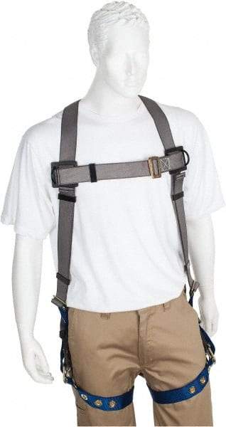 PRO-SAFE - 350 Lb Capacity, Size XXL, Full Body Premium Tongue Buckle Safety Harness - Polyester, Tongue Buckle Leg Strap, Pass-Thru Chest Strap, Gray/Blue - Industrial Tool & Supply